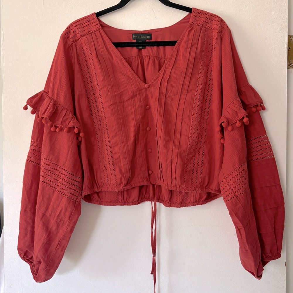 House of Harlow 1960 Top Women Large Cropped Boho VNeck Long Sleeve Tomato Girl